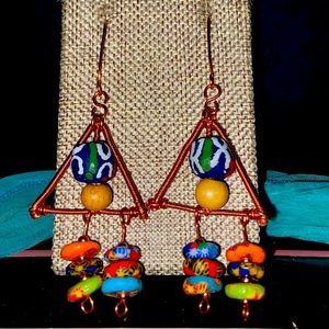 3.5 inch Krobo Glass and Copper Earrings